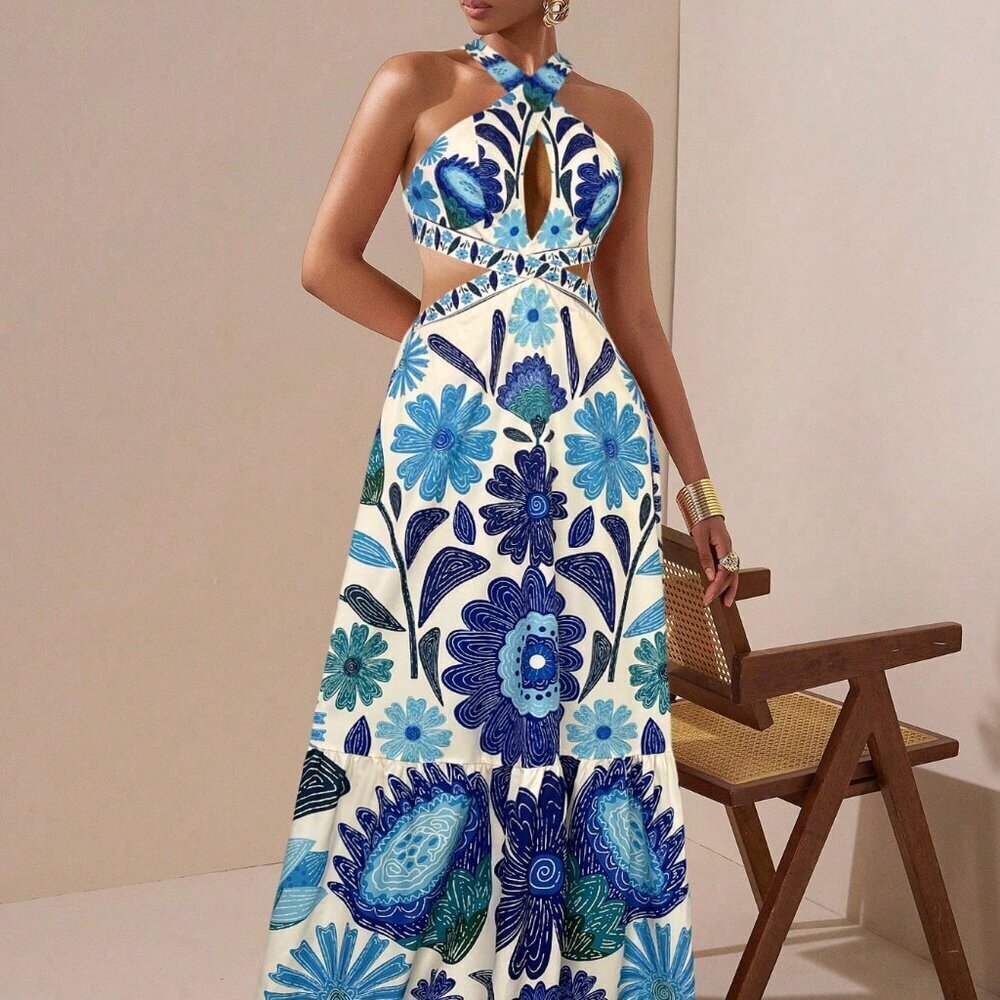 Blue Boho Women's Wave Wedding Cross Halter Neck Dress - Picture 6 of 6